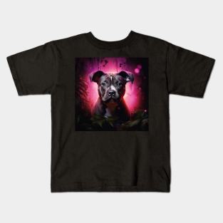 Staffy puppy in enchanted forest Kids T-Shirt